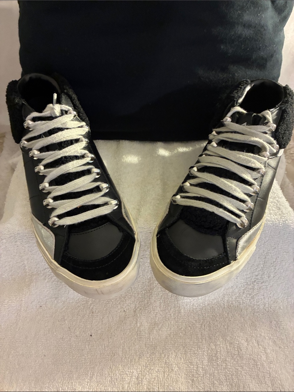 Pre-owned Marc Fisher “Merin” High-Top Sneakers in Black and Silver —Lace-Up